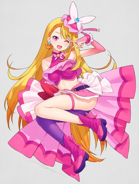 Anime picture 1138x1500 with precure hirogaru sky! precure toei animation hijiri ageha cure butterfly kazuma muramasa single tall image open mouth light erotic simple background blonde hair purple eyes full body very long hair one eye closed wink grey background midriff victory