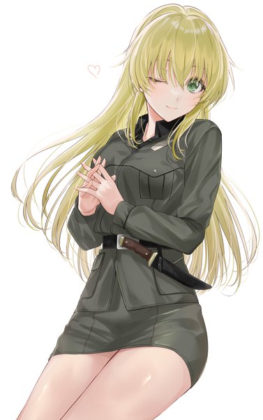 Anime picture 1100x1752 with girls und panzer carpaccio (girls und panzer) mexif single long hair tall image looking at viewer fringe simple background blonde hair hair between eyes white background green eyes one eye closed wink interlocked fingers girl uniform heart military uniform
