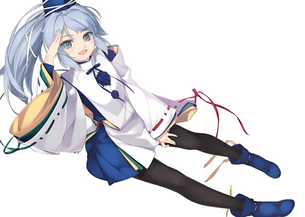 Anime-Bild 1000x711 mit touhou mononobe no futo rokuwata tomoe single long hair looking at viewer open mouth simple background white background blue hair ponytail traditional clothes grey eyes salute girl hat pantyhose boots