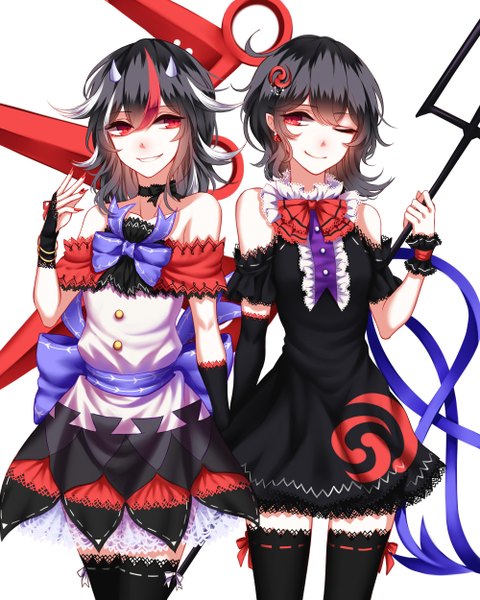 Anime picture 2000x2500 with touhou houjuu nue kijin seija sheya tall image highres short hair black hair simple background red eyes white background bare shoulders multiple girls looking away absurdres one eye closed off shoulder zettai ryouiki adapted costume asymmetrical wings