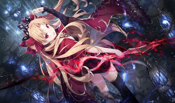 Anime picture 1694x1000 with fate (series) fate/grand order ereshkigal (fate) gabiran single long hair looking at viewer blush fringe open mouth blonde hair red eyes wide image standing holding :d looking back arm up from above from behind