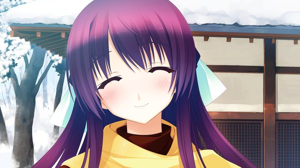 Anime picture 1280x720 with hyouka no mau sora ni mio (hyouka no mau sora ni) long hair blush smile wide image game cg purple hair eyes closed girl