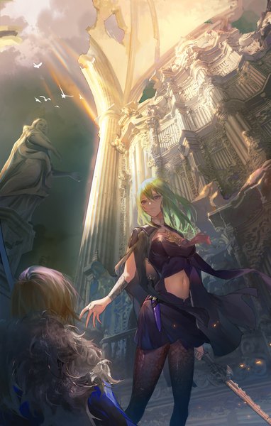 Anime picture 1100x1729 with fire emblem fire emblem: three houses nintendo byleth (fire emblem) dimitri alexandre blaiddyd byleth (female) (fire emblem) enlightened byleth (female) minty0 long hair tall image fringe short hair blue eyes blonde hair hair between eyes standing sitting holding looking away green hair