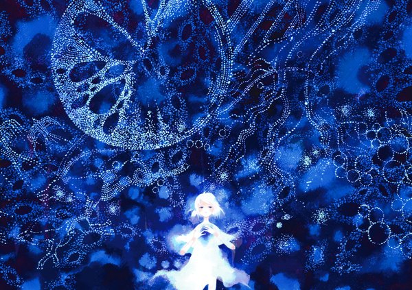 Anime picture 2000x1410 with original yoshida yoshitsugi single highres short hair blue eyes sky white hair night night sky constellation girl dress white dress star (stars)