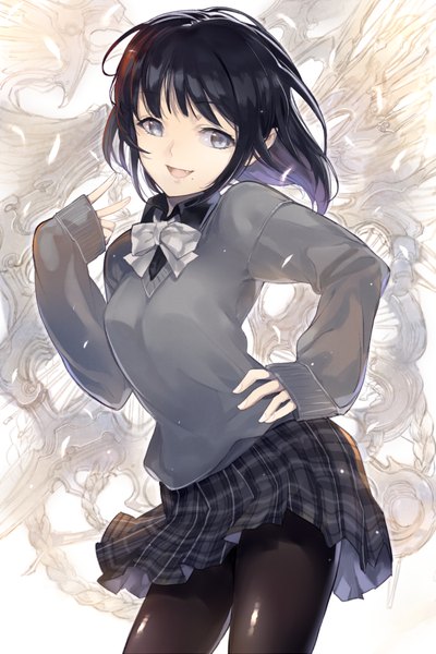 Anime picture 600x900 with original dekappara futoriusu single long hair tall image looking at viewer fringe open mouth black hair smile standing pleated skirt wind teeth grey eyes fang (fangs) hand on hip plaid skirt victory girl