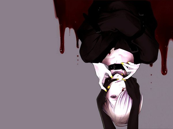 Anime picture 1089x817 with lucky dog giulio di bondone komichi96 single fringe short hair simple background purple eyes purple hair white hair nail polish hair over one eye grey background hug upside down boy blood collar hands straitjacket