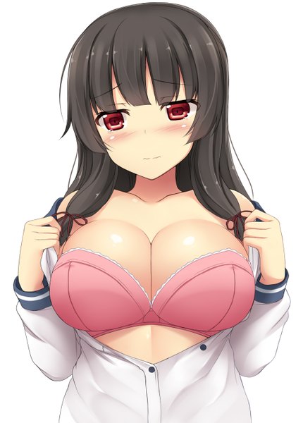 Anime picture 1000x1396 with kantai collection isokaze destroyer mizunashi kenichi single long hair tall image looking at viewer blush breasts light erotic black hair red eyes large breasts white background cleavage tress ribbon girl ribbon (ribbons) hair ribbon lingerie