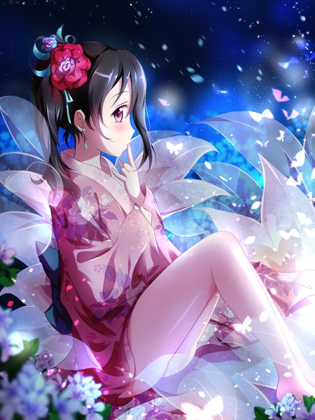 Anime picture 1440x1920 with love live! school idol project sunrise (studio) love live! yazawa nico xiao ren single long hair tall image blush fringe light erotic black hair red eyes traditional clothes japanese clothes profile barefoot hair flower bare legs legs