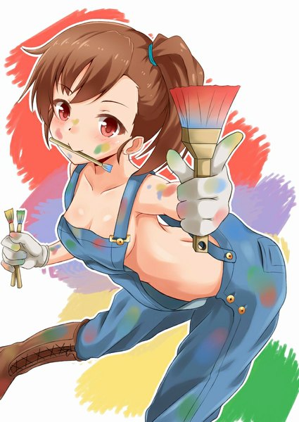 Anime picture 708x1000 with idolmaster futami mami fuku d single tall image looking at viewer blush short hair breasts light erotic simple background smile red eyes brown hair white background bare shoulders holding cleavage mouth hold naked overalls