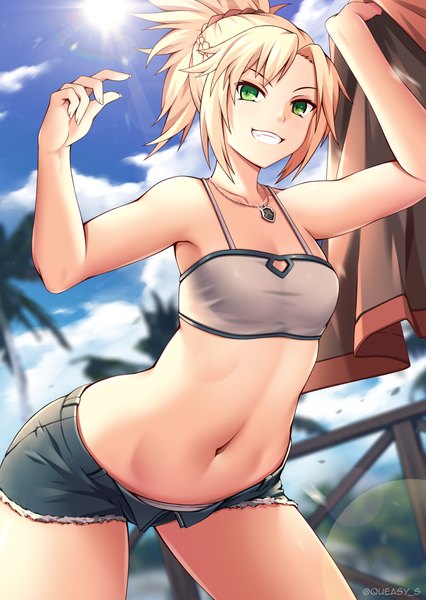 Anime picture 1240x1748 with fate (series) fate/apocrypha mordred (fate) queasy s single tall image looking at viewer short hair breasts light erotic blonde hair smile standing bare shoulders holding green eyes signed payot sky cloud (clouds)