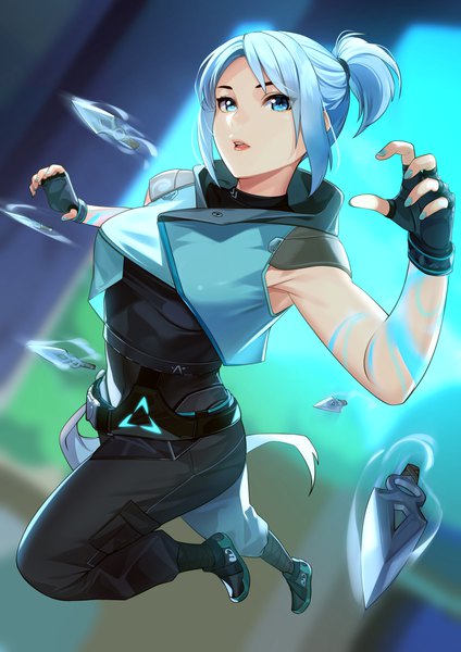 Anime picture 1736x2456 with valorant jett (valorant) kagematsuri single tall image looking at viewer fringe highres short hair open mouth blue eyes payot full body bent knee (knees) ponytail arm up fingernails aqua hair sleeveless girl