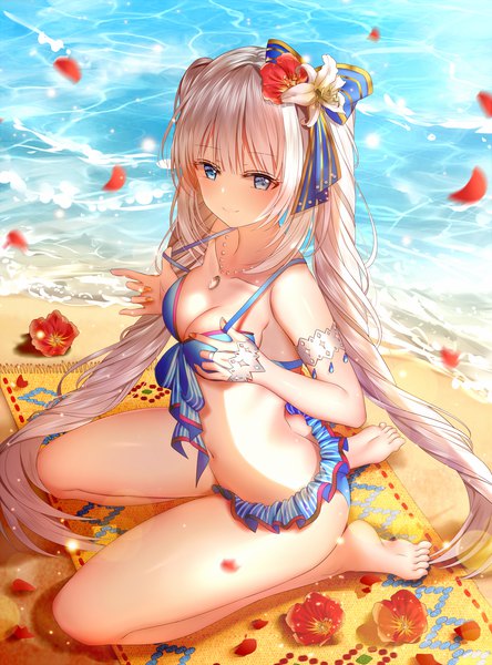 Anime picture 1481x2000 with fate (series) fate/grand order marie antoinette (fate/grand order) marie antoinette (swimsuit caster) (fate) junpaku karen single tall image looking at viewer blush fringe breasts blue eyes light erotic smile hair between eyes sitting twintails payot cleavage silver hair