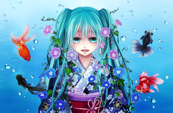 Anime picture 1889x1238 with vocaloid hatsune miku shio (blacksio) single long hair highres twintails japanese clothes aqua eyes aqua hair underwater girl flower (flowers) plant (plants) kimono bubble (bubbles) fish (fishes) morning glory