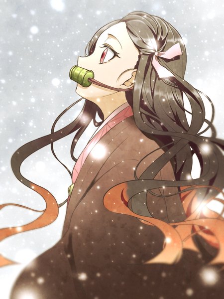 Anime picture 768x1024 with kimetsu no yaiba ufotable kamado nezuko utatane nenne single long hair tall image black hair simple background holding upper body traditional clothes japanese clothes profile pink eyes multicolored hair grey background two-tone hair mouth hold snowing