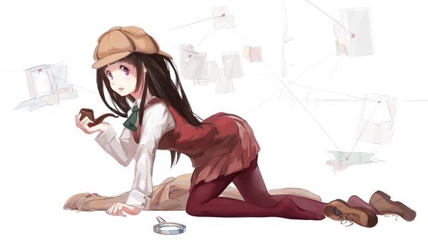 Anime picture 1920x1080 with hyouka kyoto animation chitanda eru jq single long hair looking at viewer highres black hair wide image purple eyes wallpaper on all fours girl skirt hat miniskirt shirt pantyhose shoes