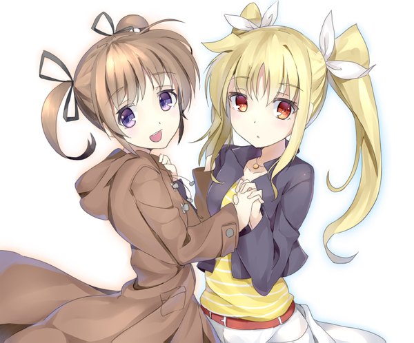 Anime picture 1500x1247 with mahou shoujo lyrical nanoha fate testarossa takamachi nanoha kuroito (snowflyer) open mouth simple background blonde hair red eyes brown hair white background purple eyes twintails multiple girls holding hands shoujo ai girl ribbon (ribbons) 2 girls hair ribbon hood