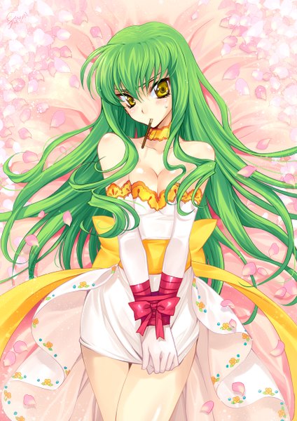 Anime picture 850x1202 with code geass sunrise (studio) c.c. creayus single long hair tall image looking at viewer fringe bare shoulders yellow eyes green hair girl dress gloves petals elbow gloves sweets pocky