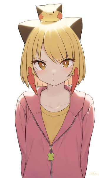 Anime picture 2246x3711 with original blonde girl (cloba) cloba single tall image looking at viewer fringe highres short hair simple background blonde hair white background animal ears yellow eyes upper body hands behind back partially open clothes girl hood hoodie