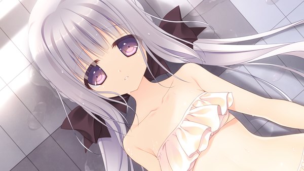 Anime picture 1280x720 with sora tobu hitsuji to manatsu no hana shiina tyris eluard hazumi rio single long hair looking at viewer blush breasts open mouth light erotic wide image purple eyes bare shoulders game cg silver hair teeth bare belly on back loli flat chest