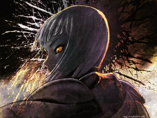 Anime picture 1600x1200 with claymore madhouse clare (claymore) single fringe highres short hair yellow eyes looking back grey hair inscription back animal eyes girl cape