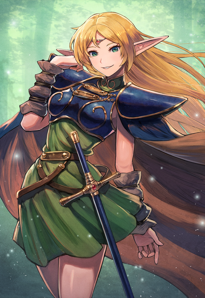 Anime picture 1172x1700 with record of lodoss war deedlit kuroi susumu single long hair tall image looking at viewer blonde hair smile green eyes outdoors wind pointy ears elf girl dress weapon sword cape green dress