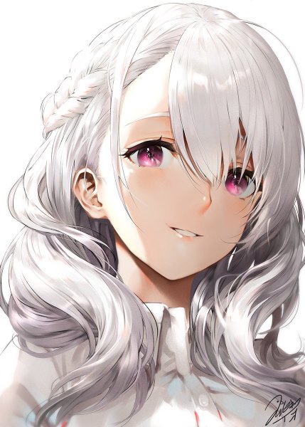 Anime-Bild 858x1200 mit original iori (cpeilad) single long hair tall image looking at viewer blush fringe simple background smile hair between eyes white background signed silver hair upper body ahoge braid (braids) parted lips pink eyes girl