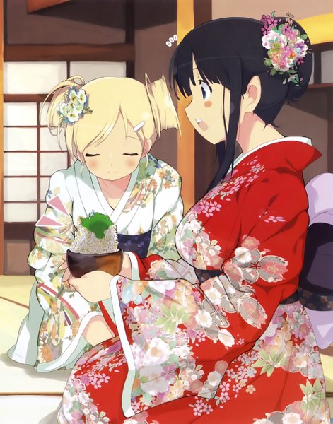 Anime picture 4049x5162 with senran kagura ikaruga (senran kagura) yomi (senran kagura) yaegashi nan long hair tall image blush fringe highres open mouth black hair blonde hair smile sitting multiple girls absurdres eyes closed traditional clothes japanese clothes profile
