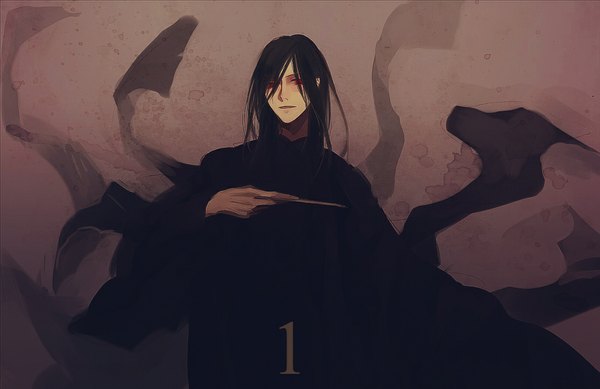 Anime picture 1110x720 with harry potter tom marvolo riddle kurosu juu single long hair black hair simple background red eyes boy wand