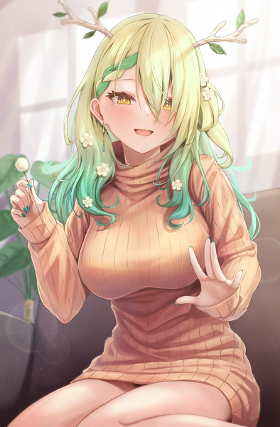 Anime picture 2686x4093 with virtual youtuber hololive hololive english ceres fauna tachibana yuu (shika) single long hair tall image fringe highres open mouth sitting yellow eyes indoors long sleeves nail polish :d horn (horns) green hair hair over one eye