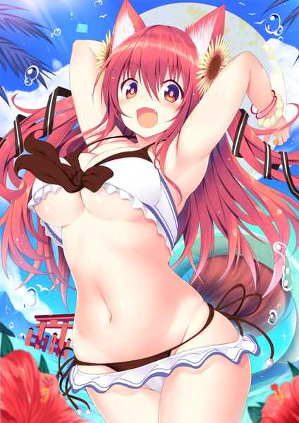 Anime picture 868x1228 with original moe2018 sukage single long hair tall image looking at viewer blush fringe breasts open mouth light erotic smile hair between eyes red eyes large breasts standing holding animal ears red hair