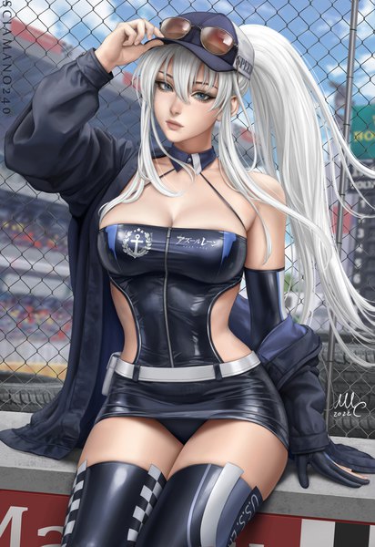 Anime picture 2059x3000 with azur lane enterprise (azur lane) enterprise (wind catcher) (azur lane) sciamano240 single long hair tall image looking at viewer fringe highres breasts blue eyes light erotic hair between eyes large breasts sitting signed payot sky cloud (clouds)