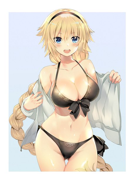 Anime picture 750x1000 with fate (series) fate/grand order jeanne d'arc (fate) (all) jeanne d'arc (swimsuit archer) teddy (khanshin) single tall image looking at viewer blush fringe breasts open mouth light erotic blonde hair smile hair between eyes large breasts standing payot cleavage