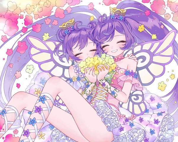 Anime picture 2000x1600 with puri para pretty (series) manaka lala don (macaron panda13) long hair blush highres smile sitting twintails multiple girls purple hair bent knee (knees) eyes closed happy ^ ^ lacing dual persona hand on another's shoulder insect wings