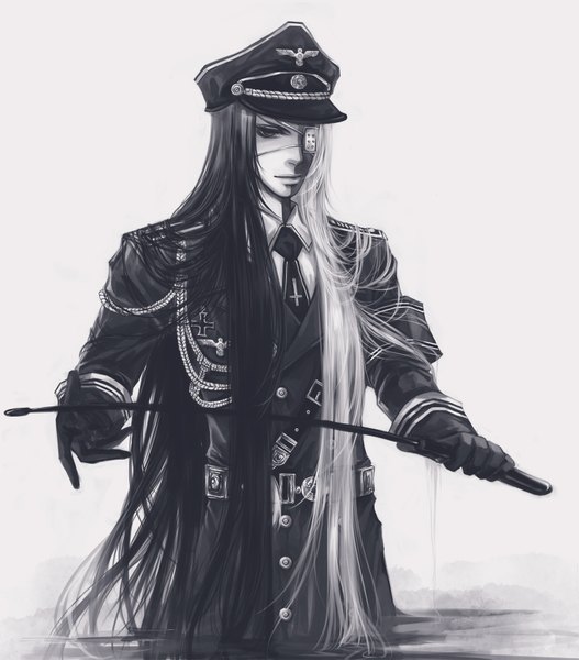 Anime picture 1600x1822 with original sherytan single long hair tall image black hair white hair multicolored hair two-tone hair monochrome military bandage over one eye boy gloves uniform hat water necktie cross military uniform