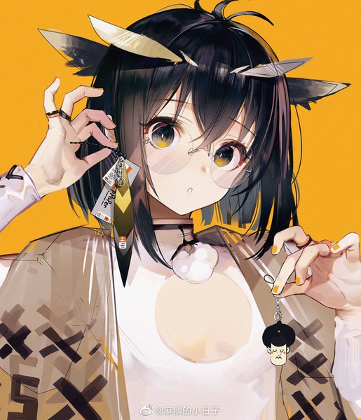 Anime picture 800x931 with arknights silence (arknights) liduke single tall image looking at viewer fringe short hair black hair simple background holding signed upper body ahoge nail polish parted lips head tilt black eyes portrait cleavage cutout