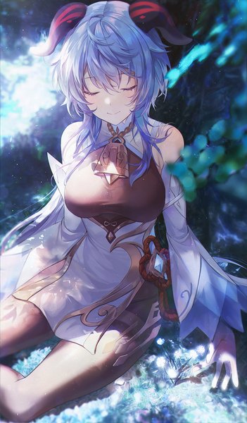 Anime picture 1000x1711 with genshin impact ganyu (genshin impact) daby single long hair tall image blush fringe short hair breasts smile large breasts sitting blue hair outdoors eyes closed horn (horns) light smile blurry bell collar