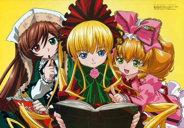 Anime picture 1466x1024 with rozen maiden shinku suiseiseki hina ichigo sweets pocky tagme