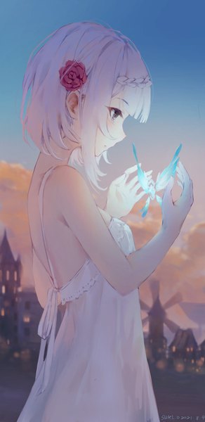 Anime picture 3575x7335 with genshin impact noelle (genshin impact) crystalfly (genshin impact) swkl:d single tall image blush fringe highres short hair breasts standing brown eyes signed looking away absurdres sky silver hair cloud (clouds) outdoors