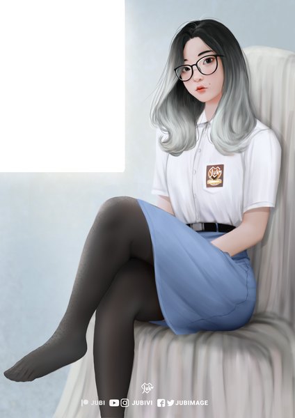 Anime picture 2480x3508 with real life adela pramestiayu (yuuchan) jubi (regiana) single long hair tall image looking at viewer highres black hair sitting signed head tilt grey hair black eyes realistic mole short sleeves no shoes lipstick crossed legs