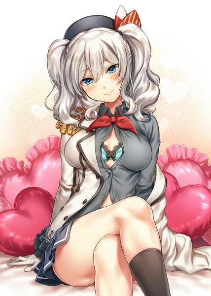Anime picture 1063x1489 with kantai collection kashima training cruiser mika (1020mk) single long hair tall image looking at viewer blush fringe breasts blue eyes light erotic simple background smile hair between eyes large breasts sitting twintails silver hair head tilt