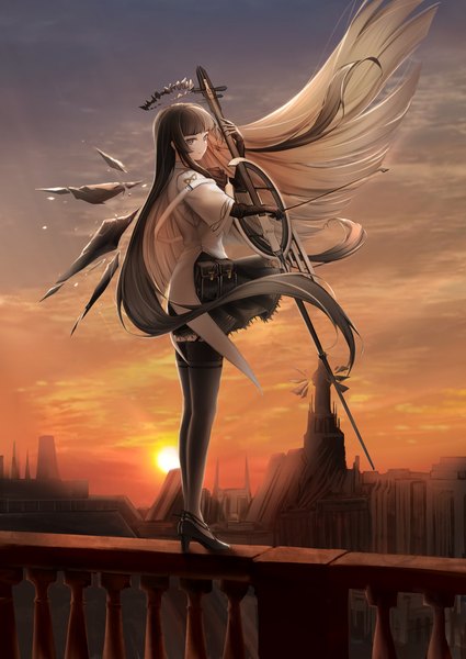 Anime picture 2508x3541 with arknights virtuosa (arknights) mihaia single long hair tall image fringe highres brown hair standing brown eyes looking away sky full body blunt bangs wind evening sunset playing instrument girl