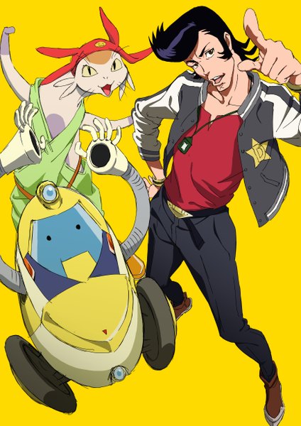 Anime picture 868x1228 with space dandy studio bones dandy (space dandy) meow (space dandy) qt (space dandy) tuchinokoeffect single tall image looking at viewer short hair open mouth black hair simple background standing from above black eyes open jacket hand on hip scar yellow background
