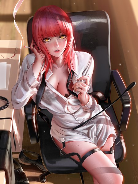 Anime picture 3000x4000 with chainsaw man mappa makima (chainsaw man) liang xing single long hair tall image looking at viewer blush fringe highres breasts light erotic large breasts sitting holding yellow eyes bent knee (knees) red hair indoors