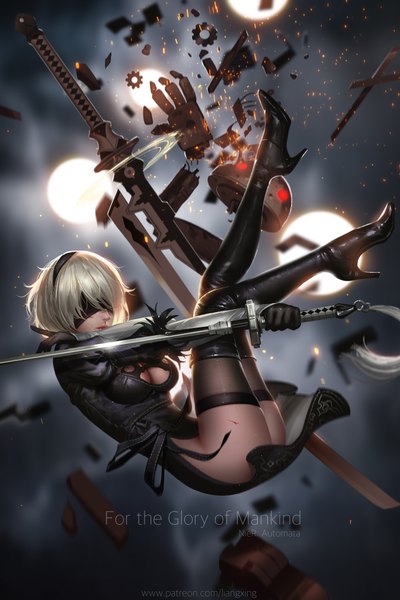 Anime picture 5400x8100 with nier nier:automata yorha no. 2 type b liang xing single tall image highres short hair breasts light erotic holding signed absurdres cleavage white hair realistic inscription high heels puffy sleeves copyright name