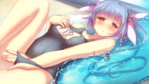 Anime picture 1700x956 with kantai collection i-19 submarine ha ru single long hair looking at viewer blush breasts light erotic red eyes wide image large breasts blue hair lying bare legs on back girl hair ornament ribbon (ribbons) swimsuit