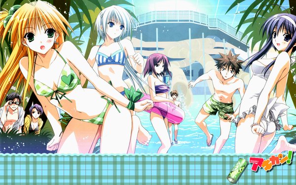 Anime-Bild 1920x1200 mit akikan melon (akikan) yell suzuhira hiro highres wide image swimsuit bikini one-piece swimsuit striped bikini pool white swimsuit plaid bikini tenkuuji najimi daichi kakeru amaji gorou kizaki airin kochikaze yurika otoyo hidehiko