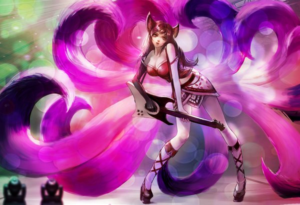 Anime picture 1500x1026 with league of legends ahri (league of legends) turewindwalker single long hair fringe brown hair bare shoulders brown eyes animal ears tail animal tail fox ears fox tail multiple tails girl gloves black gloves elbow gloves boots
