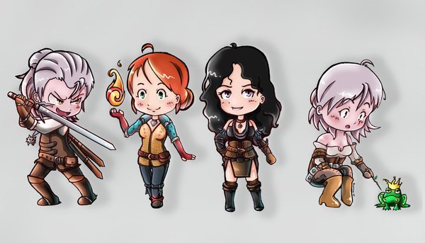 Anime picture 1024x586 with the witcher the witcher 3 wild hunt ciri yennefer of vengerberg triss merigold geralt of rivia black fye long hair blush fringe short hair open mouth black hair blonde hair smile wide image standing bare shoulders green eyes ahoge