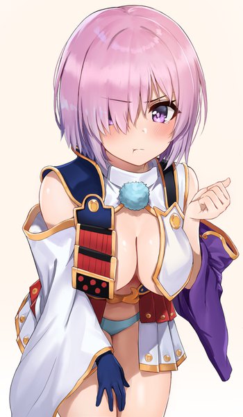 Anime picture 1063x1821 with fate (series) fate/grand order mash kyrielight ushiwakamaru (fate) ayul (ayulneri 92) single tall image looking at viewer blush fringe short hair breasts light erotic simple background purple eyes pink hair hair over one eye leaning leaning forward cosplay