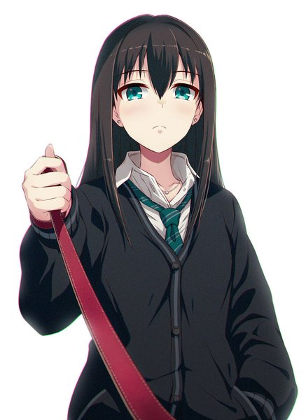 Anime picture 800x1096 with idolmaster idolmaster cinderella girls shibuya rin 40hara single long hair tall image looking at viewer fringe simple background brown hair white background holding green eyes open collar hand in pocket girl uniform ribbon (ribbons) school uniform